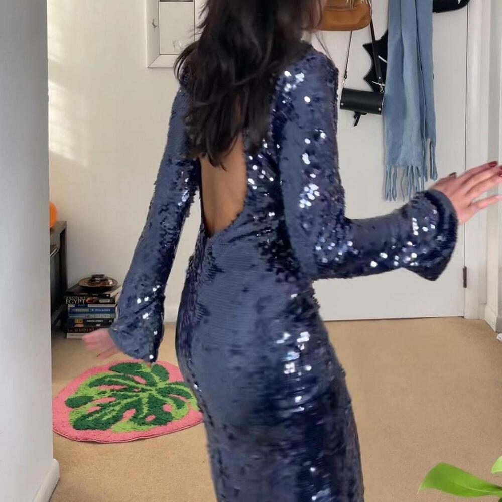Navy blue sequin maxi dress with long sleeves & high neck. self portrait, size 0 - Picture 6 of 8